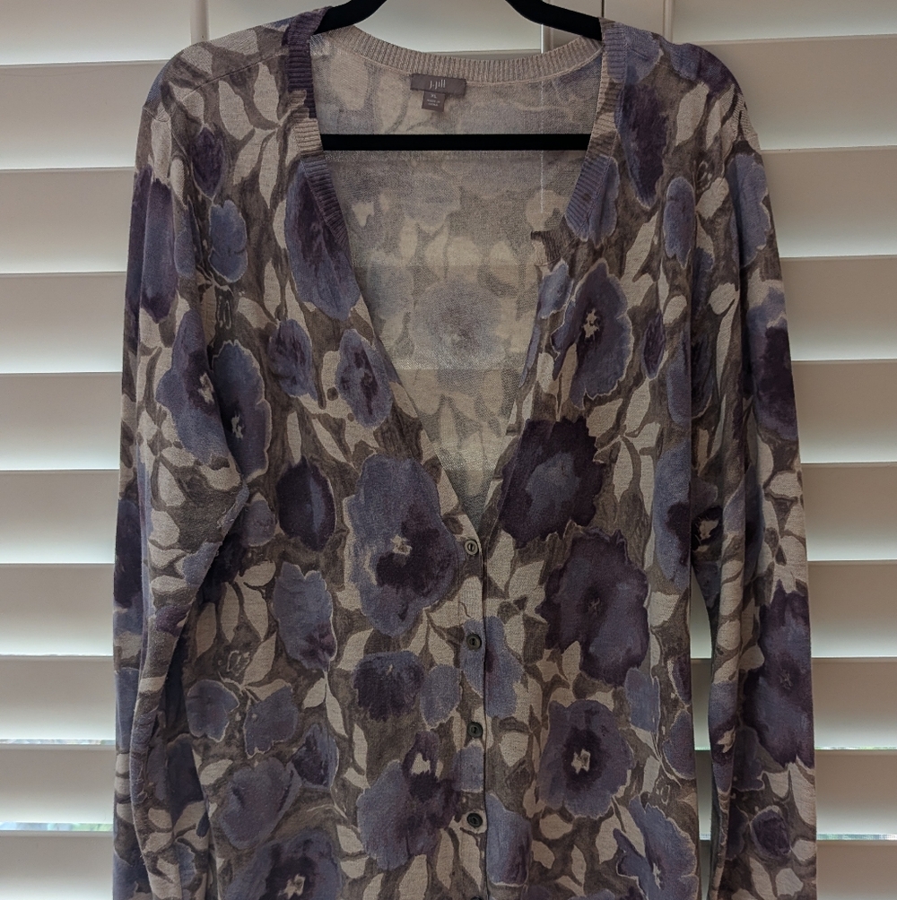 J. Jill Gray and Purple Floral V-Neck Cardigan